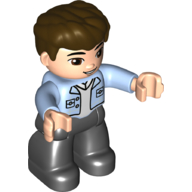 Деталь LEGO Duplo Figure with Thick Hair Combed Forward Dark Brown, with Black Legs, Open Shirt with Buttons and Pocket Print, Ярко-светло-голубой
