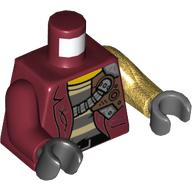 Деталь LEGO Torso, Odd Arms and Hands, Jacket over Prison Shirt, Tubes, and Plates Print, Left Pearl Gold Arm and Dark Bluish Gray Hand, Right Dark Red Arm and Black Hand, Темно-красный