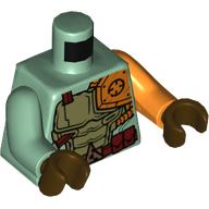 Деталь LEGO Torso, Odd Arms, Armor with Orange Shoulder Plate, and Belt with Pouches Print, Left Orange Arm, Right Sand Green Arm, Dark Brown Hands, Песочно-зеленый