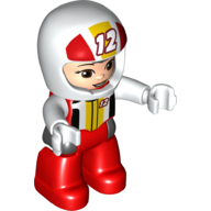 Деталь LEGO Duplo Figure with Helmet White with '12', Red Legs, Racing Jacket Print, Красный