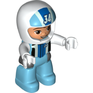Деталь LEGO Duplo Figure with Helmet White with '34', Medium Azure Legs, Racing Jacket Print, Средне-лазурный