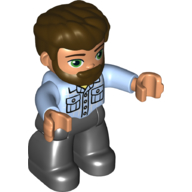 Деталь LEGO Duplo Figure with Thick Hair Combed Forward and Beard Dark Brown, Black Legs, Shirt with Pockets Print, Ярко-светло-голубой