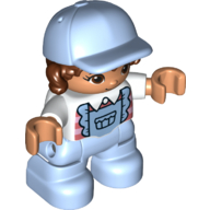Деталь LEGO Duplo Figure Child with Long Hair and Cap Bright Light Blue, Bright Light Blue Legs, Apron, Pink Striped Shirt Print, Белый