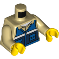 Деталь LEGO Torso Shirt, Dark Blue Vest with Pockets and White Stripe Print, Tan Arms, Yellow Hands, Песочный