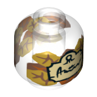 Деталь LEGO Minifig Head (No Face), Bottle / Jar, Leaves, Tan Label with Black Script Print, Прозрачный бесцветный
