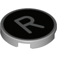 Деталь LEGO Tile Round 2 x 2 with Bottom Stud Holder with 'R' on Black Background Print, Светлый сине-серый