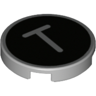 Деталь LEGO Tile Round 2 x 2 with Bottom Stud Holder with 'T' on Black Background Print, Светлый сине-серый