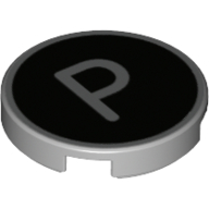 Деталь LEGO Tile Round 2 x 2 with Bottom Stud Holder with 'P' on Black Background Print, Светлый сине-серый