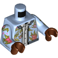 Деталь LEGO Torso Letterman Jacket with Floral Design, Open over White Shirt with Buttons Print, Bright Light Blue Arms, Reddish Brown Hands, Ярко-светло-голубой