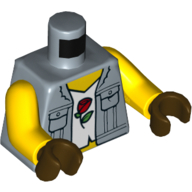 Деталь LEGO Torso Vest, Pockets and Collar, Open over White Shirt with Rose Print, Yellow Arms, Dark Brown Hands, Песочно-синий
