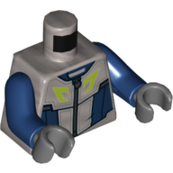 Деталь LEGO Torso Bodysuit, Zipper, Dark Blue Panels, Lime Trim Print, Dark Blue Arms, Dark Bluish Gray Hands, Матовый серебристый