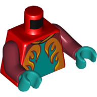 Деталь LEGO Torso Race Jacket, Dark Turquoise, Orange, and Yellow Flames Print, Dark Red Arms, Dark Turquoise Hands, Красный