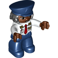 Деталь LEGO Duplo Figure with Police Style Hat Dark Blue and Hair, with Dark Blue Legs, Pilot Shirt with Pockets and Red Tie Print, Белый