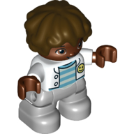 Деталь LEGO Duplo Figure Child with Short Wavy Hair Brown, Light Bluish Gray Legs, Jacket over Striped Shirt Print, Белый