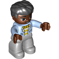Деталь LEGO Duplo Figure with Thick Hair Combed Forward Black, Light Bluish Gray Legs, Jacket over Striped Sweater Print, Ярко-светло-голубой