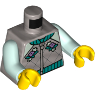 Деталь LEGO Torso, Jacket, Dark Turquoise Trim, Flowers Print, Light Aqua Arms, Yellow Hands, Матовый серебристый