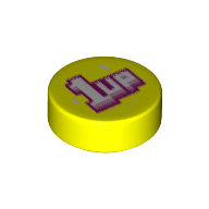Деталь LEGO Tile Round 1 x 1 with White/Pink '1 UP' print, Насыщенный желтый