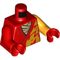Деталь LEGO Torso, Odd Arms, Robe, Bright Orange Flames, Tan Shirt print, Left Bright Orange Arm, Right Red Arm, Red Hands, Красный