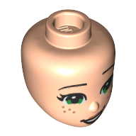 Деталь LEGO Minidoll Head with Green Eyes, Freckles, Crooked Smile Print, Светлый телесный