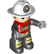 Деталь LEGO Duplo Figure with Helmet White, Black Legs, Jacket with Bright Light Yellow Safety Stripes, Fire Badge, and Radio Print (Firefighter), Красный