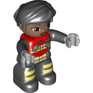 Деталь LEGO Duplo Figure with Thick Short Hair Combed over Forehead Black, Black Legs, Jacket with Bright Light Yellow Safety Stripes, Fire Badge, and Radio Print (Firefighter), Красный