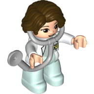 Деталь LEGO Duplo Figure with Hair Side Parted Dark Brown, Light Aqua Legs, White Top with ID Badge, White Arms, Attached Stethoscope (Medic), Белый
