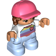 Деталь LEGO Duplo Figure Child with Long Hair and Cap Coral, Bright Light Blue Legs, Striped Shirt with Heart Print, Белый