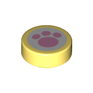 Деталь LEGO Tile Round 1 x 1 with Bright Pink Paw on White Background Print, Ярко-светло-желтый