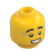 Деталь LEGO Minifig Head Ice Cream Vendor, Thick Eyebrows, Bright Light Blue Sweat Drops, Open Mouth with Teeth Print, Желтый