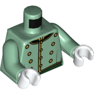 Деталь LEGO Torso Piccolo Suit Jacket, Gold Buttons, Dark Green Trim print, Sand Green Arms, White Hands, Песочно-зеленый