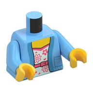 Деталь LEGO Torso Cardigan with Medium Azure Trim, Open over White Dress with Flowers and Belt Print, Bright Light Blue Arms, Yellow Hands, Ярко-светло-голубой