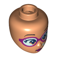 Деталь LEGO Minidoll Head Sand Dark Pink Goggles, Bright Light Blue Glasses, Bubbles, Dark Pink Lips print, Телесный