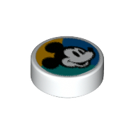 Деталь LEGO Tile Round 1 x 1 with Mickey Mouse on Dark Turquoise/Blue/Bright Light Orange Background print, Белый