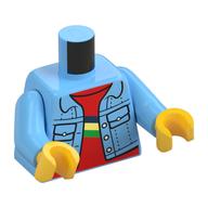 Деталь LEGO Torso Jacket, Denim with Pockets, Open over Red Undershirt with Blue, Yellow, and Green Stripe Print, Bright Light Blue Arms, Yellow Hands, Ярко-светло-голубой