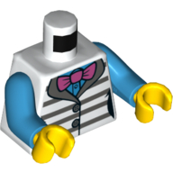 Деталь LEGO Torso Vest, White and Dark Bluish Grey Stripes, Magenta Bowtie, Dark Azure Shirt print, Dark Azure Arms, Yellow Hands, Белый