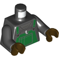 Деталь LEGO Torso Overalls, Green over Shirt, Necklace with Tooth/Fang/Claw Pendant print, Black Hands, Dark Brown Hands, Черный