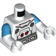 Деталь LEGO Torso, Dual Molded Arms, Spacesuit, Silver Belt, Red Buttons, Light Bluish Gray Trim Print, Dark Azure Sleeves Pattern, White Arms and Hands, Белый