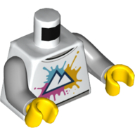 Деталь LEGO Torso, Black Mountains Outline, Dark Pink, Bright Light Orang, Dark Azure Splash print, Light Bluish Gray Arms, Yellow Hands, Белый