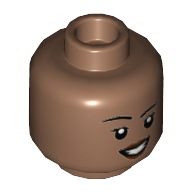 Деталь LEGO Minifig Head Ironheart, Eyelashes, Dark Red Lips, Open Mouth Smile / Annoyed print, Средне-коричневый