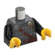 Деталь LEGO Torso Armor, Silver Chestplate, Reddish Brown Belt and Shoulder Strap Print, Black Arms, Yellow Hands, Темный сине-серый