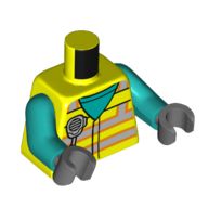 Деталь LEGO Torso Safety Vest, Light Bluish Grey Stripes, Radio print, Dark Turquoise Arms, Black Hands, Насыщенный желтый