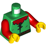 Деталь LEGO Torso Tunic, Forestman, Red Collar, Dark Brown Laces and Belt Print, Red Arms, Yellow Hands, Зеленый