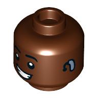 Деталь LEGO Minifig Head, Big Crooked Smile, Sand Blue Hearing Aid print, Красно-коричневый