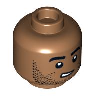 Деталь LEGO Minifig Head, Black Stubbled Beard, Worried Crooked Smile/Smirk, Raised Eyebrow print, Средне-темный телесный