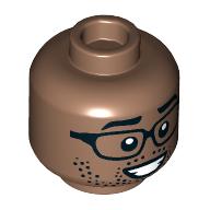 Деталь LEGO Minifig Head, Black Glasses, Stubbled Beard, Big Smile/Small Smile print, Средне-коричневый