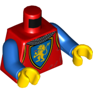 Деталь LEGO Torso Armor, Gold Lion on Blue Field Crest, Chainmail print, Blue Arms, Yellow Hands, Красный