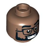 Деталь LEGO Minifig Head, Black Glasses, Thick Beard, Smile with Teeth/'O' Mouth, Raised Eyebrow print, Средне-коричневый