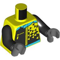 Деталь LEGO Torso, Racing Suit, Black Triangles, Medium Azure Collar, Zipper print, Black Arms, Dark Bluish Gray Hands, Насыщенный желтый