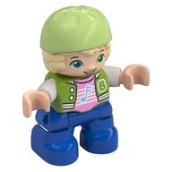 Duplo Figure Child with Hair and Bike Helmet Yellowish Green, Blue Legs, Jacket, Music Note Print