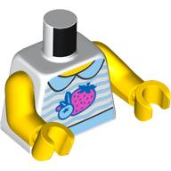 Деталь LEGO Torso, Bright Light Blue Wavy Striped Shirt, Collar, Strawberry/Fruit print, Yellow Arms and Hands, Белый